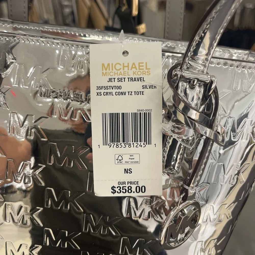 MICHAEL KORS Jet Set Extra-Small Patent Logo Debossed Convertible TZ Tote Silver